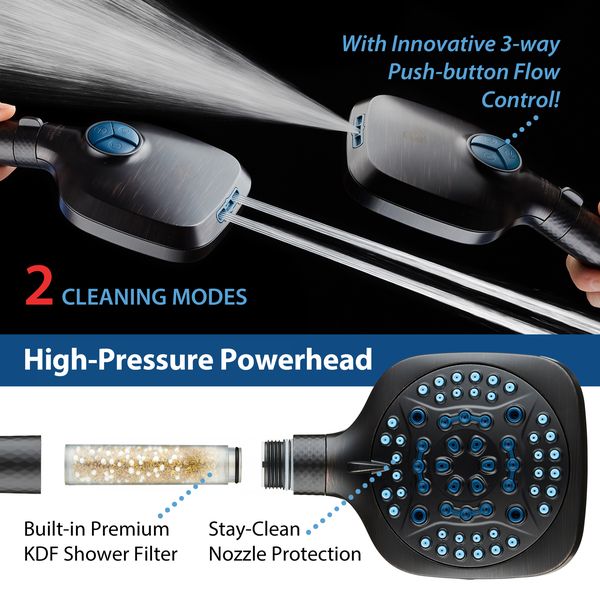 4X Series All-in-One 10-setting Hand Shower with Shower Filter, 2-mode Power Wash & Water Pressure Control, Square