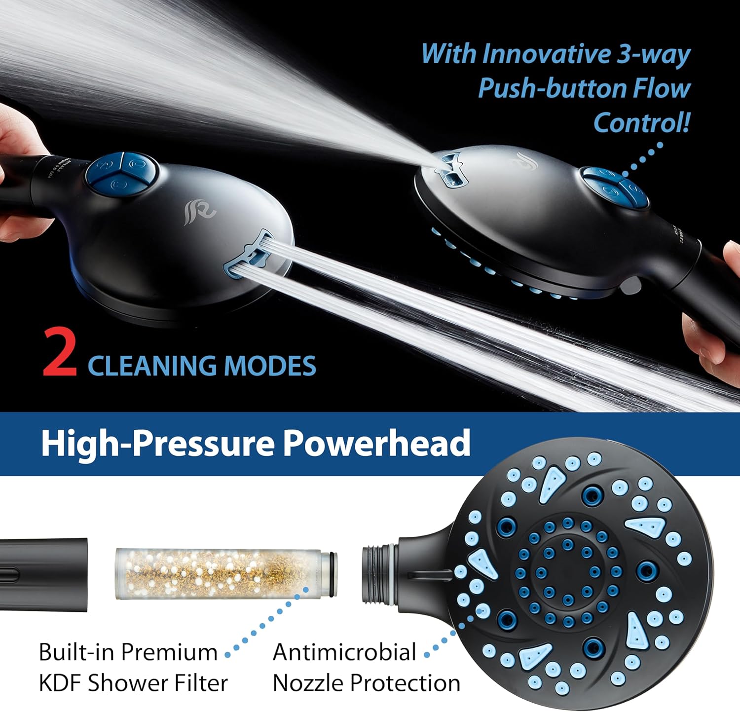 3.0 Series All-in-One 10-setting Hand Shower with Shower Filter, 2-mode Power Wash & Push-button Function Switch