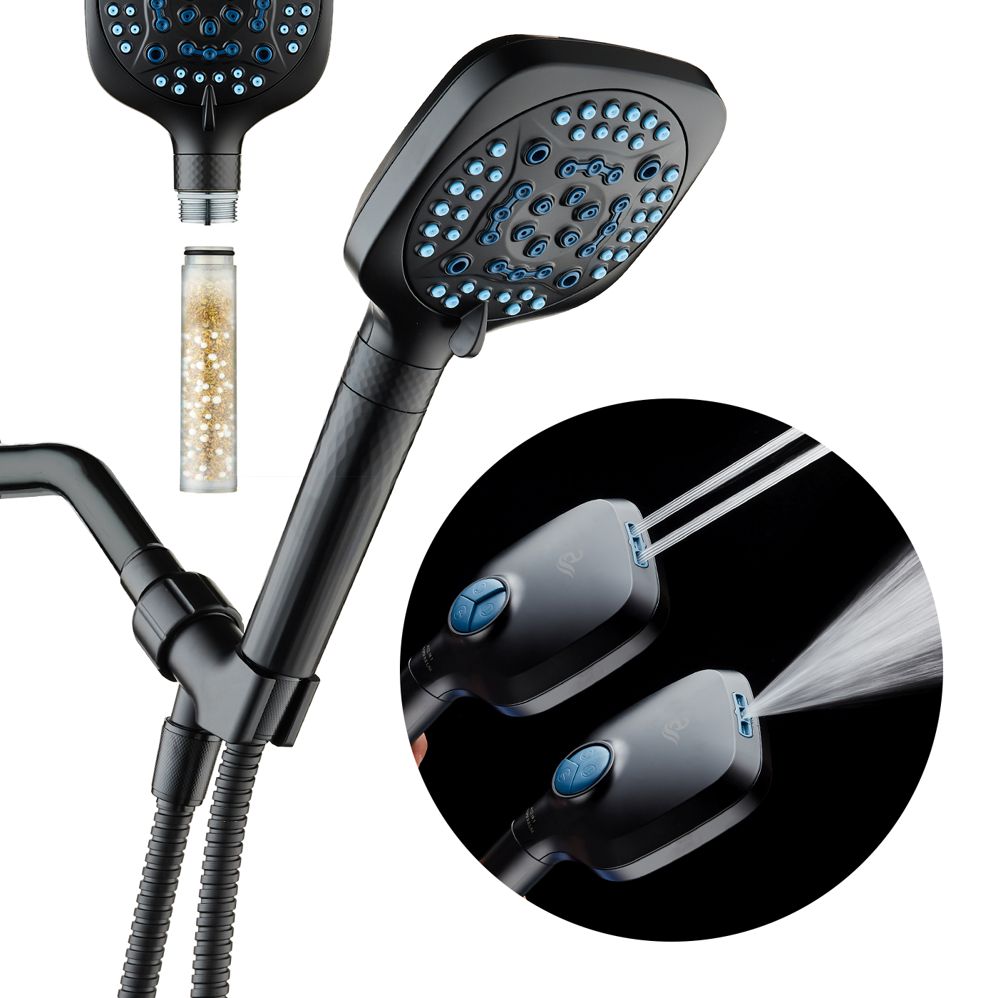 4X Series All-in-One 10-setting Hand Shower with Shower Filter, 2-mode Power Wash & Water Pressure Control, Square