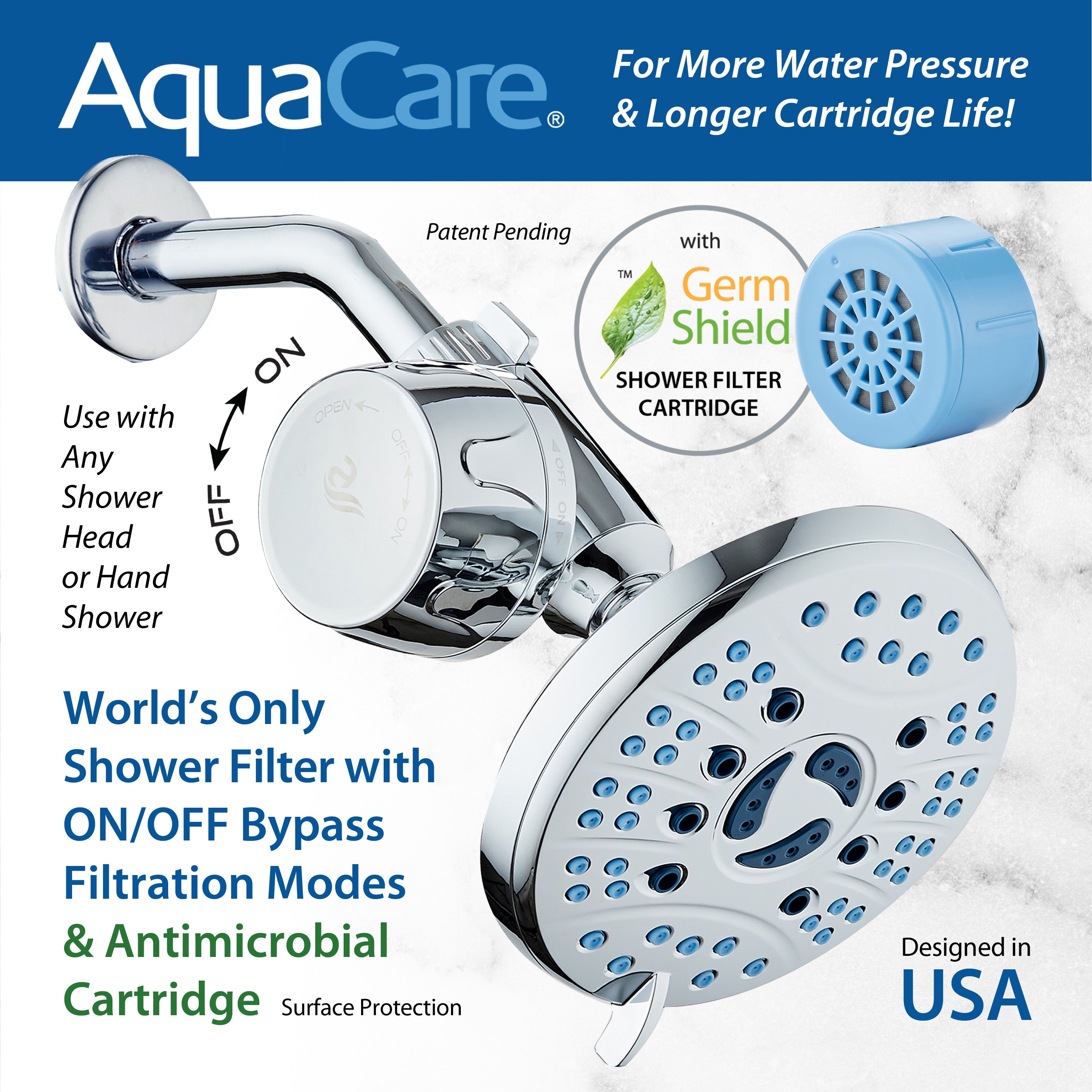Instant-reload Universal Shower Filter with ON/OFF Filtration Modes & Antimicrobial KDF Cartridge