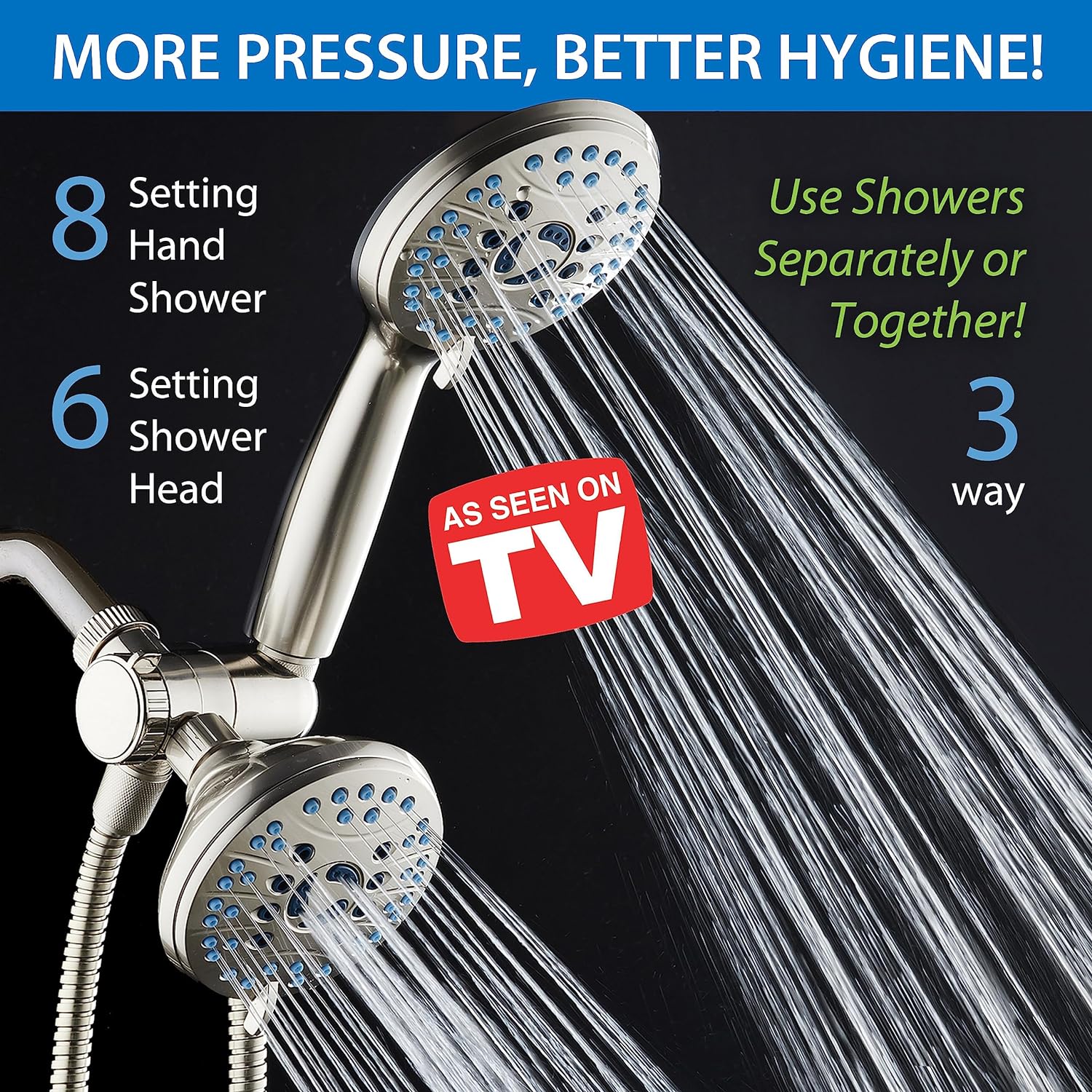 50-setting 3-way Twin Shower Combo with 2-mode Power Wash & Bonus Wall Bracket