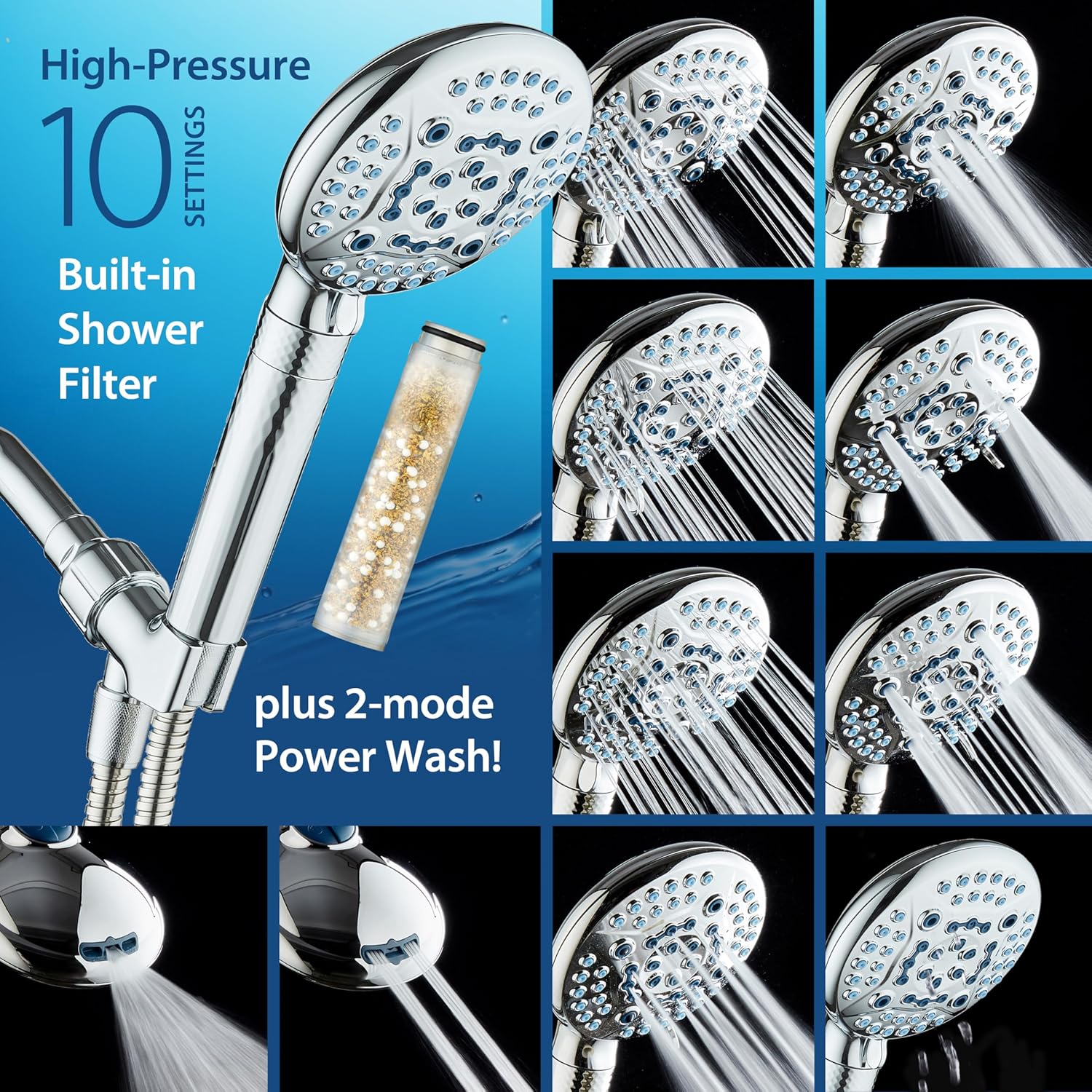 4X Series All-in-One 10-setting Hand Shower with Shower Filter, 2-mode Power Wash & Water Pressure Control