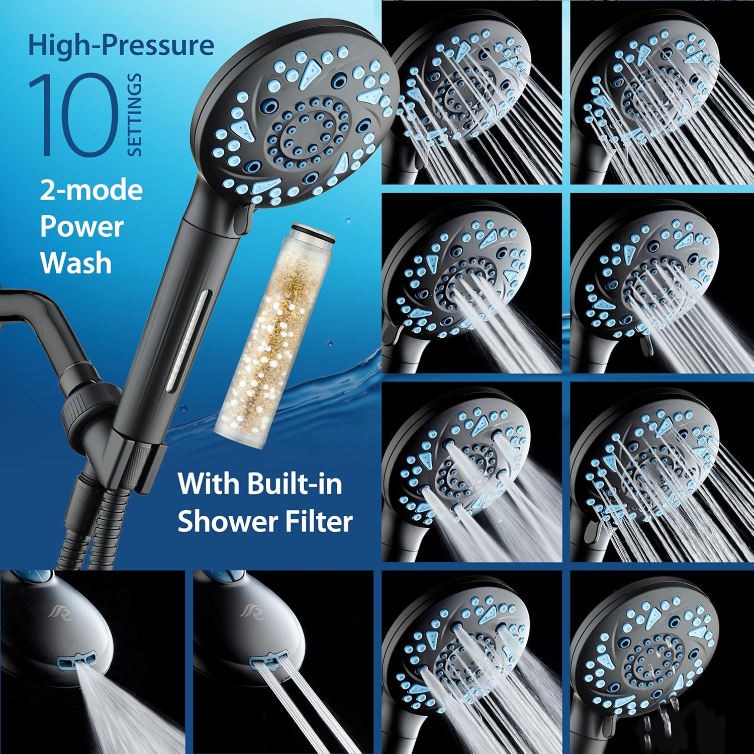 3.0 Series All-in-One 10-setting Hand Shower with Shower Filter, 2-mode Power Wash & Push-button Function Switch