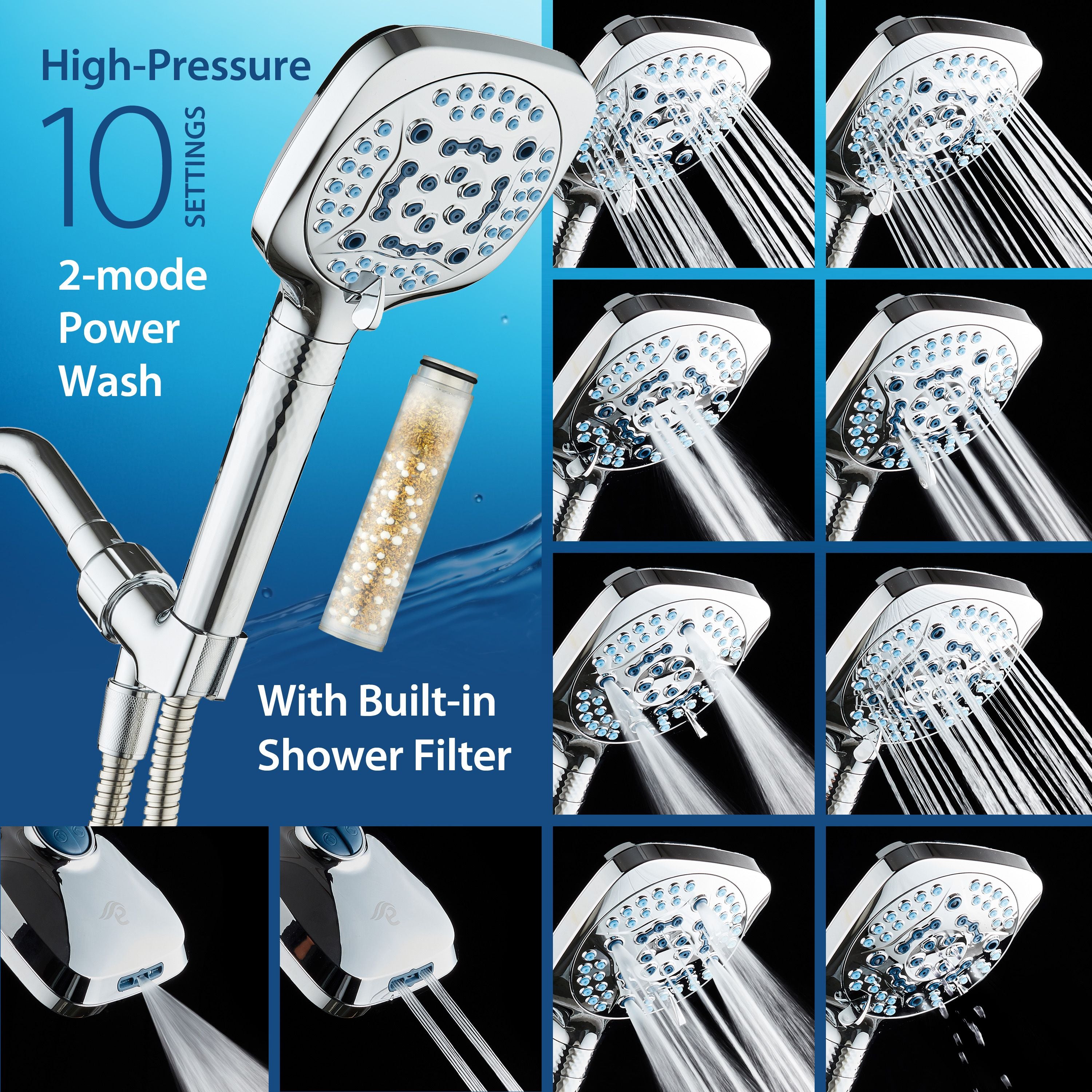 4X Series All-in-One 10-setting Hand Shower with Shower Filter, 2-mode Power Wash & Water Pressure Control, Square