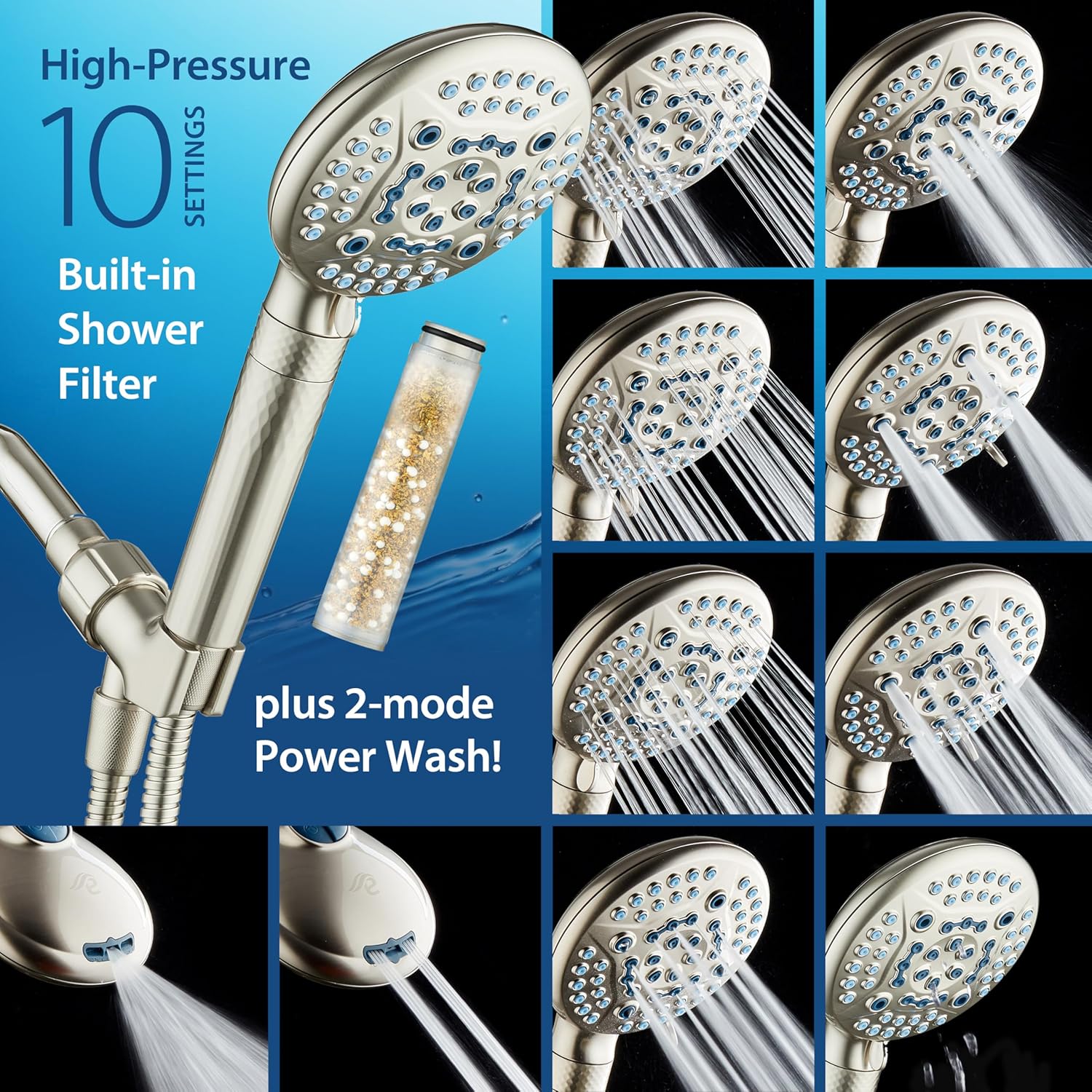 4X Series All-in-One 10-setting Hand Shower with Shower Filter, 2-mode Power Wash & Water Pressure Control