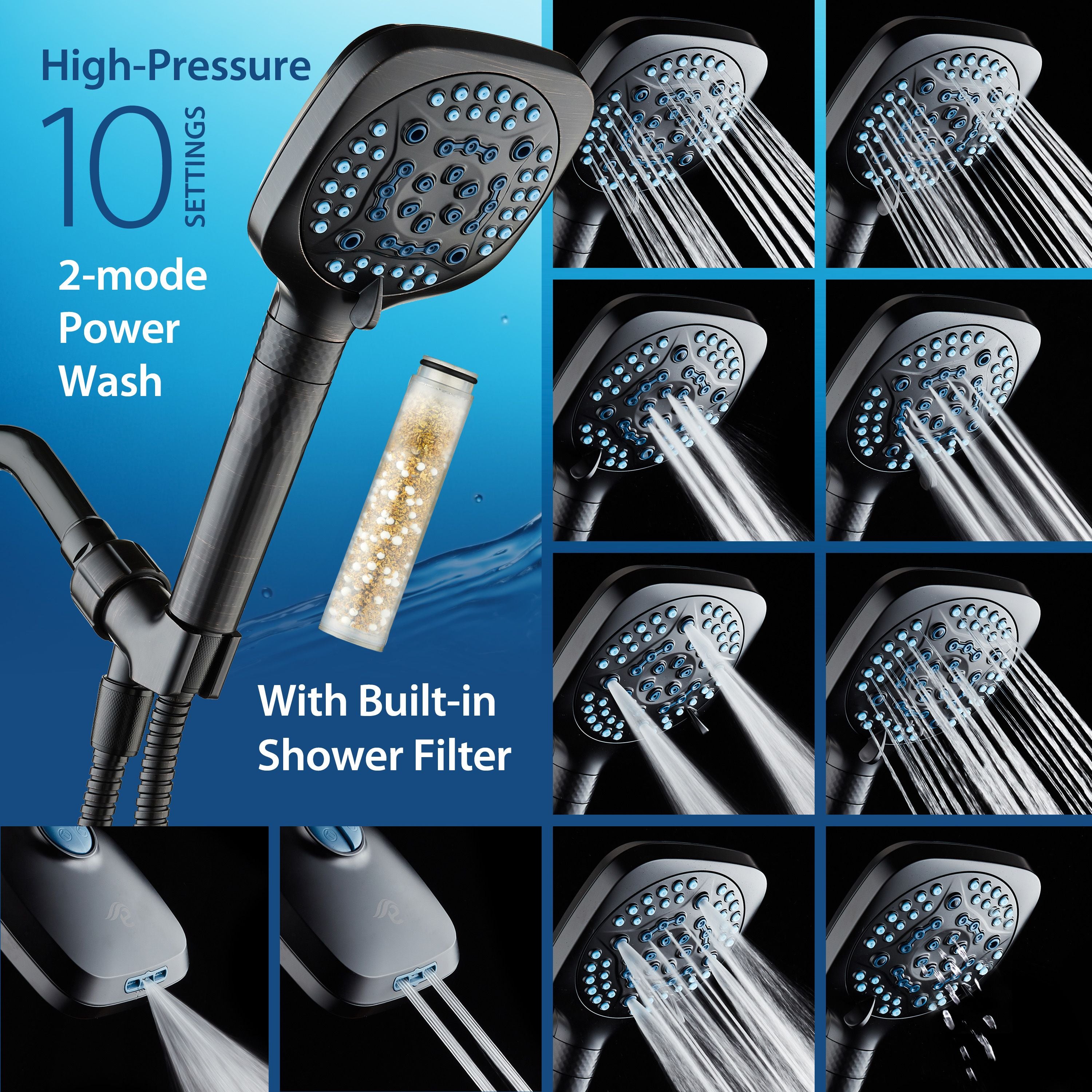 4X Series All-in-One 10-setting Hand Shower with Shower Filter, 2-mode Power Wash & Water Pressure Control, Square