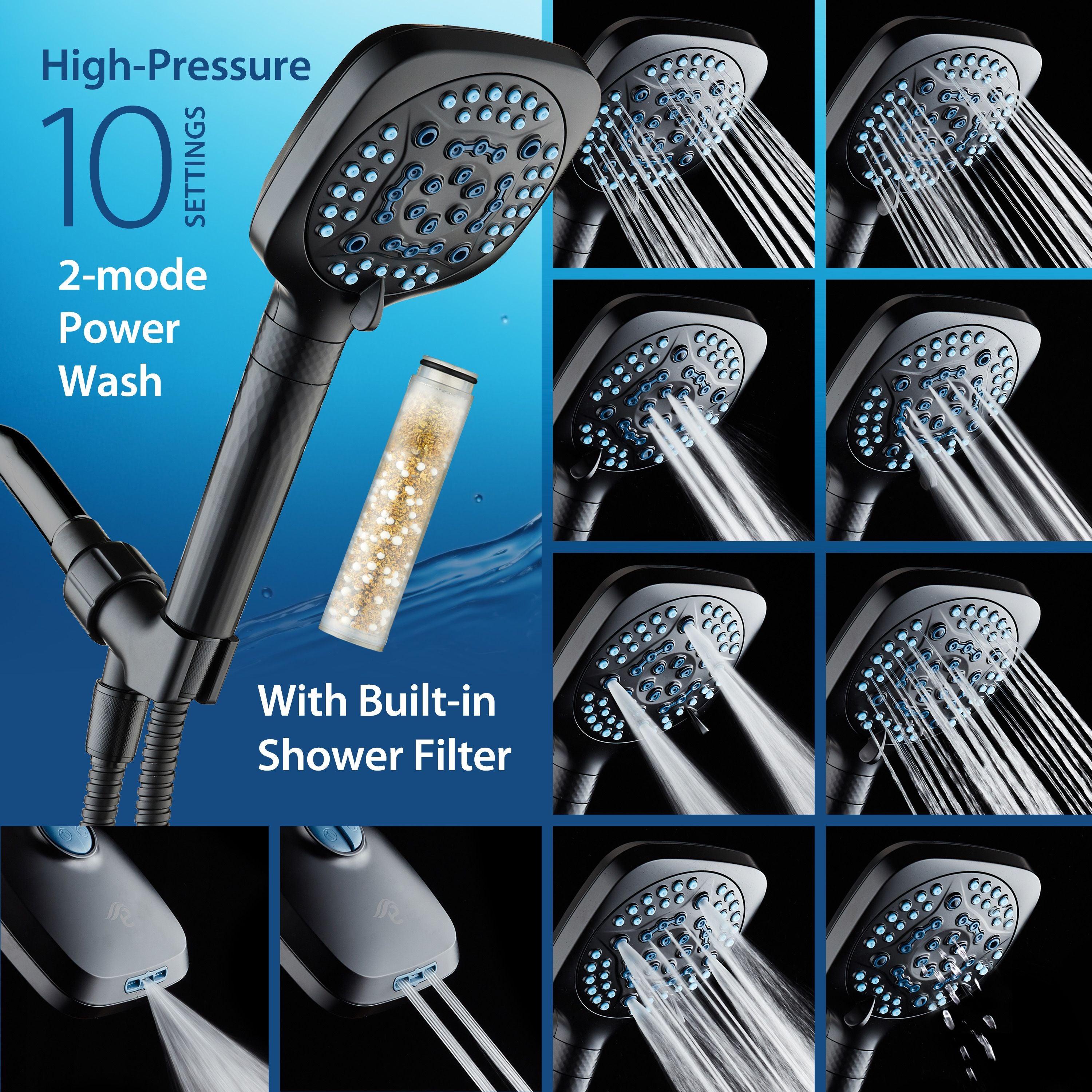 4X Series All-in-One 10-setting Hand Shower with Shower Filter, 2-mode Power Wash & Water Pressure Control, Square