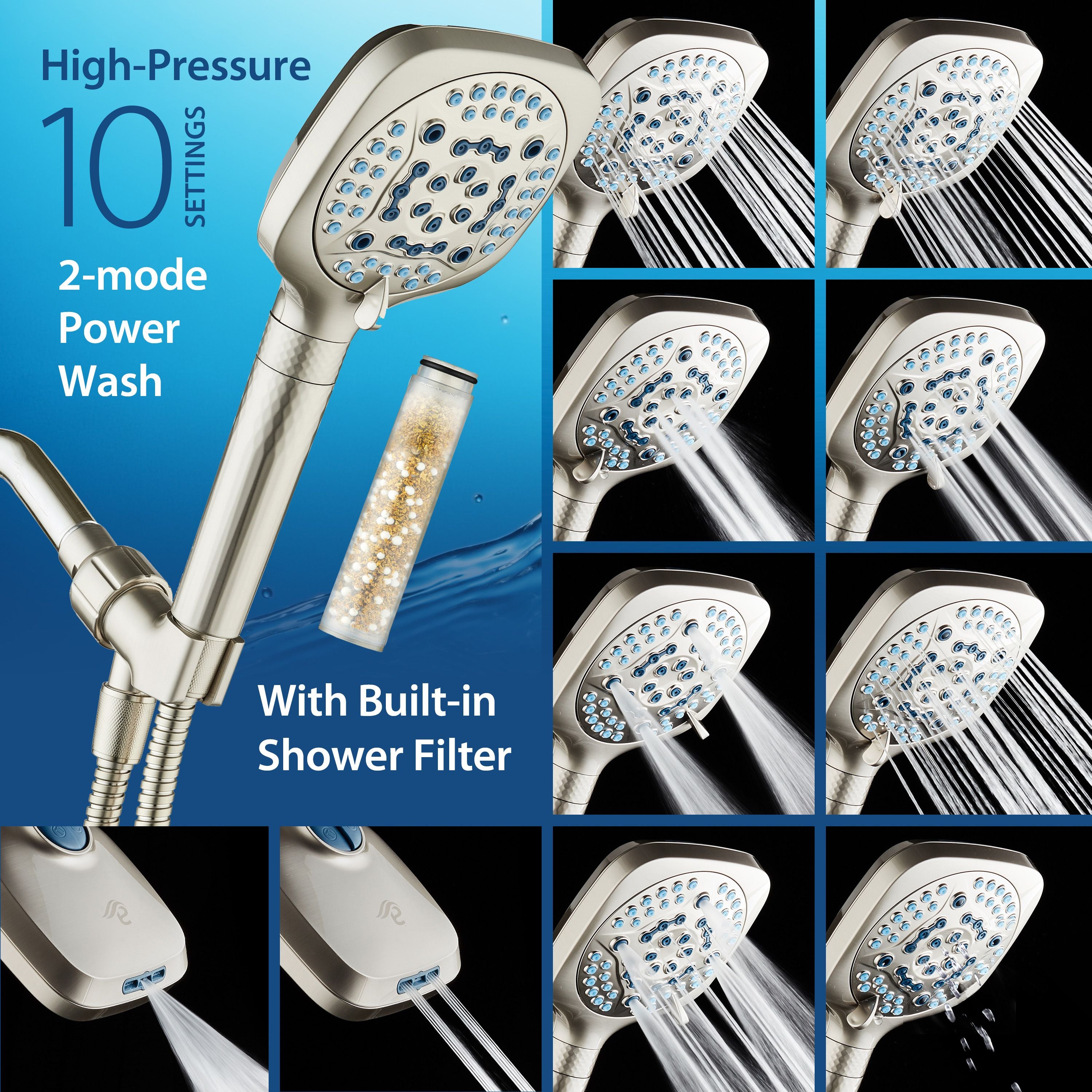 4X Series All-in-One 10-setting Hand Shower with Shower Filter, 2-mode Power Wash & Water Pressure Control, Square