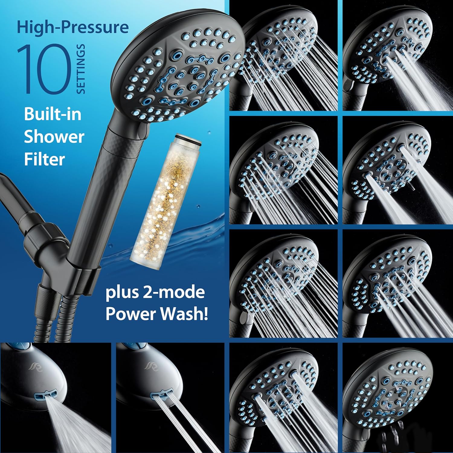 4X Series All-in-One 10-setting Hand Shower with Shower Filter, 2-mode Power Wash & Water Pressure Control