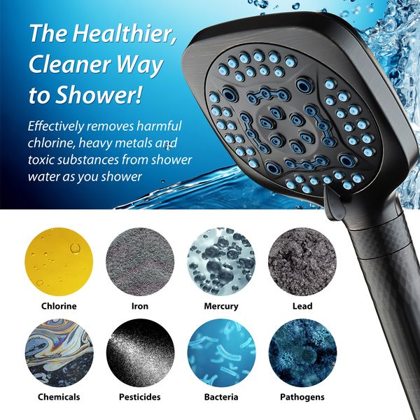 4X Series All-in-One 10-setting Hand Shower with Shower Filter, 2-mode Power Wash & Water Pressure Control, Square