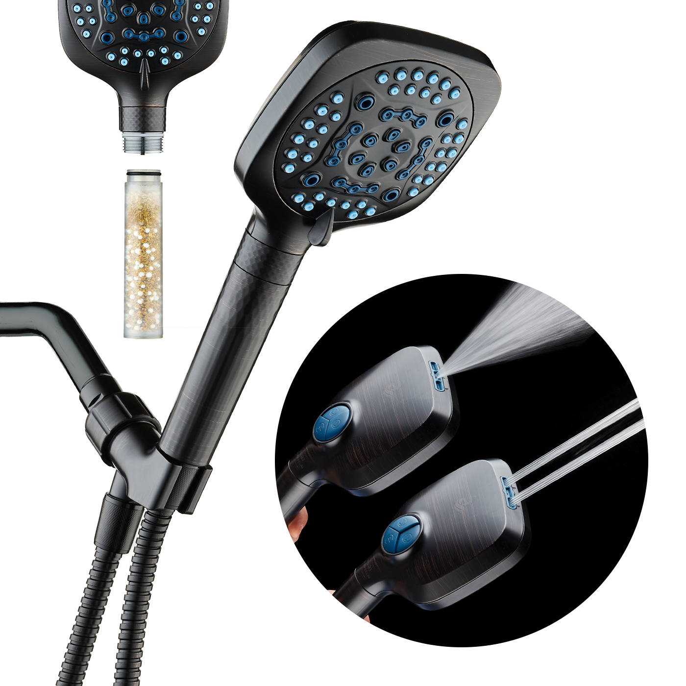 4X Series All-in-One 10-setting Hand Shower with Shower Filter, 2-mode Power Wash & Water Pressure Control, Square