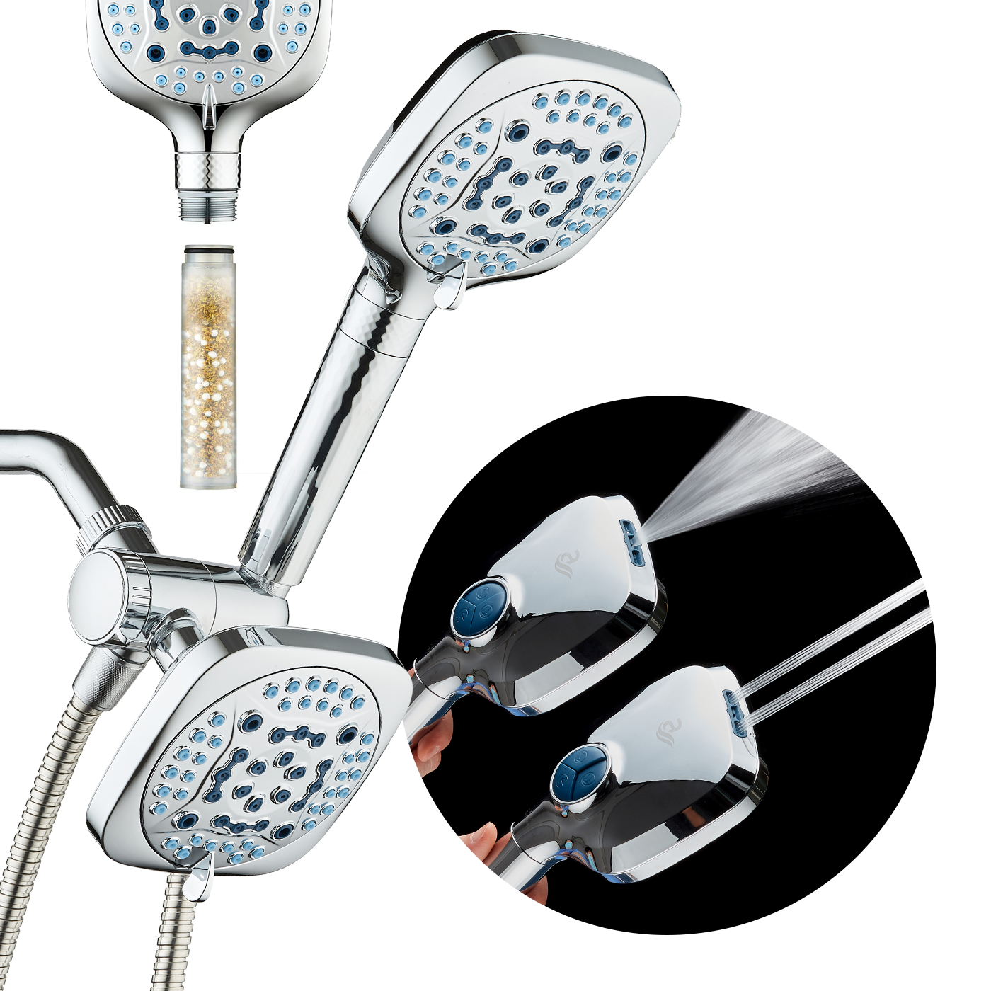 4X All-in-One 82-setting 4-way Twin Combo with Shower Filter & 2-mode Power Wash, Square