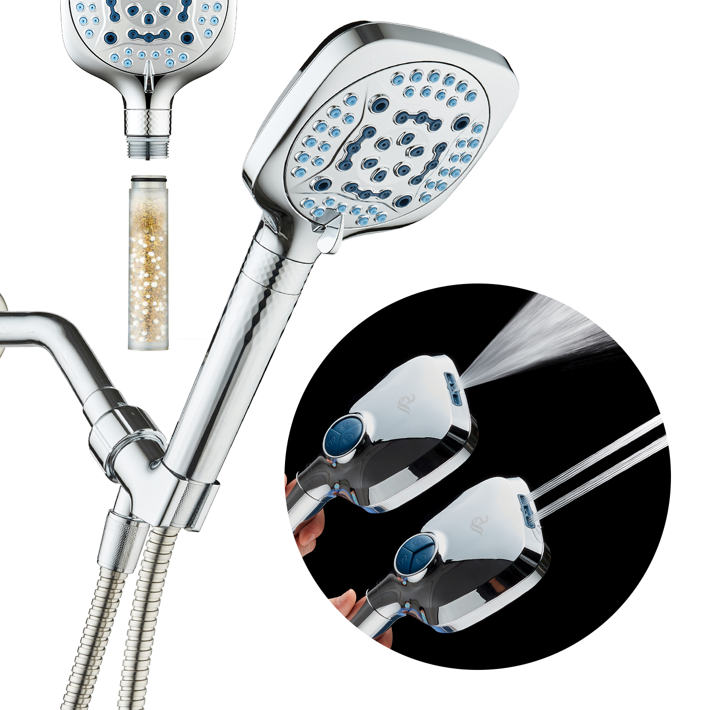 4X Series All-in-One 10-setting Hand Shower with Shower Filter, 2-mode Power Wash & Water Pressure Control, Square