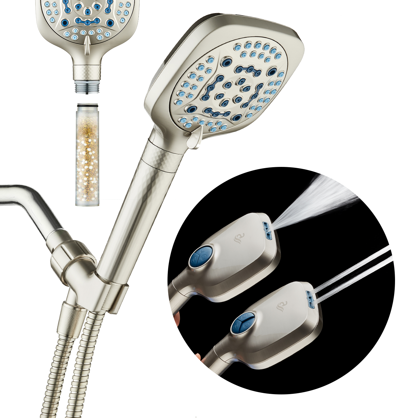 4X Series All-in-One 10-setting Hand Shower with Shower Filter, 2-mode Power Wash & Water Pressure Control, Square
